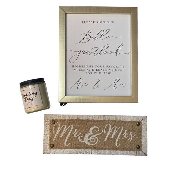 Lot of 3 Wedding Day Items: Bible Guestbook Sign, Mr & Mrs Sign, Wedding Candle - Picture 1 of 12